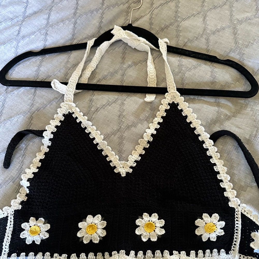 Black Crochet Halter Top with Daisy Accents